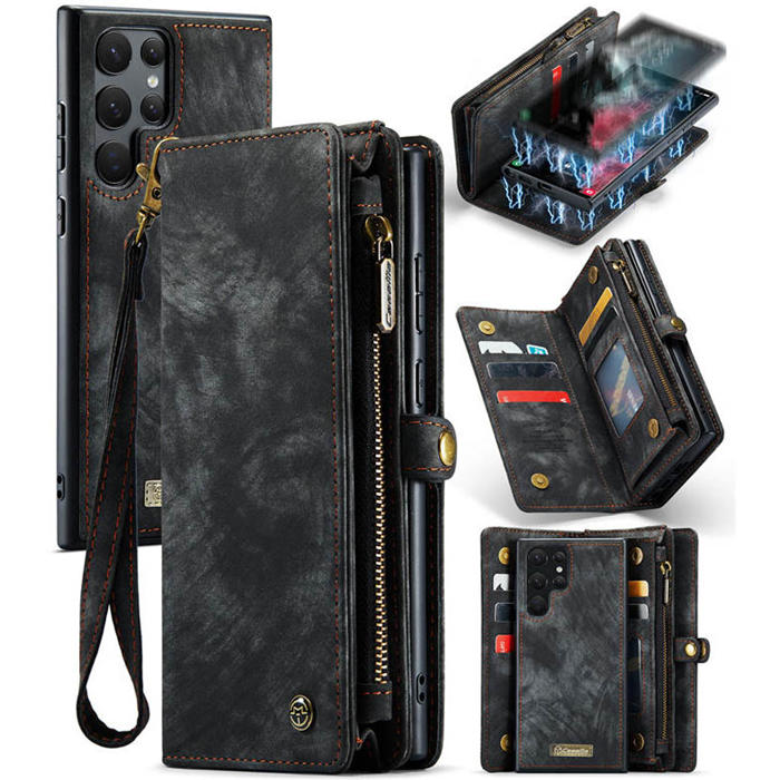 CaseMe Zipper Wallet Magnetic Case with Wrist Strap Black