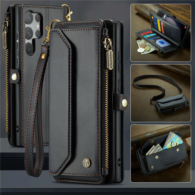 CaseMe Samsung Galaxy S23 Ultra Wallet RFID Blocking Crossbody Case Support Wireless Charging Black