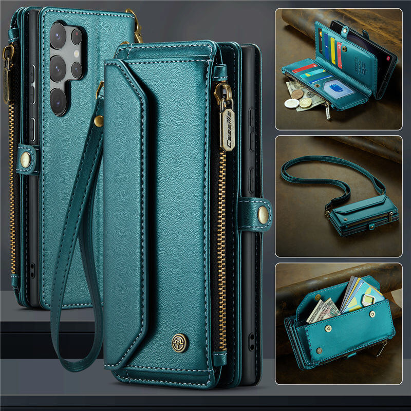 CaseMe Samsung Galaxy S23 Ultra Wallet RFID Blocking Crossbody Case Support Wireless Charging Green