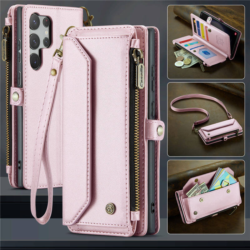 CaseMe Samsung Galaxy S23 Ultra Wallet RFID Blocking Crossbody Case Support Wireless Charging Pink