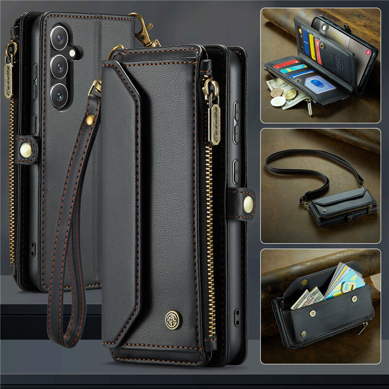 CaseMe Samsung Galaxy S24 Wallet RFID Blocking Crossbody Case Support Wireless Charging Black