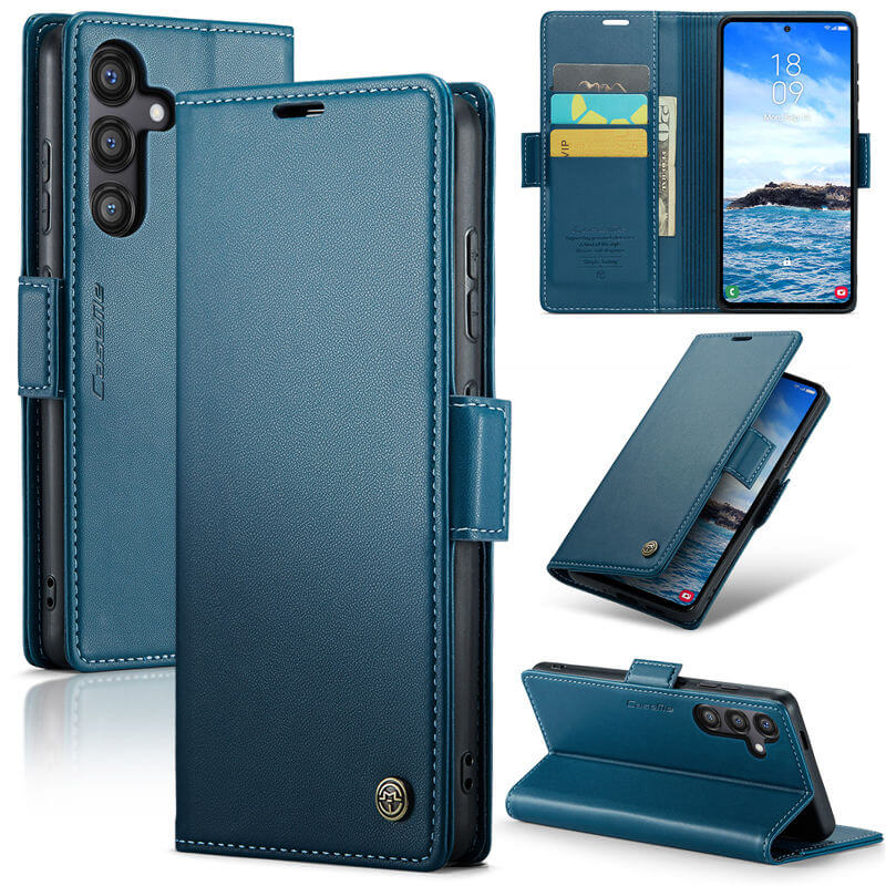 CaseMe Samsung Galaxy S24 FE Wallet RFID Blocking Magnetic Buckle Case Blue