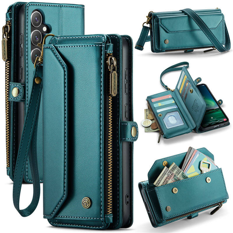 CaseMe Samsung Galaxy S24 FE RFID Wallet Crossbody Case with Wireless Charging Green