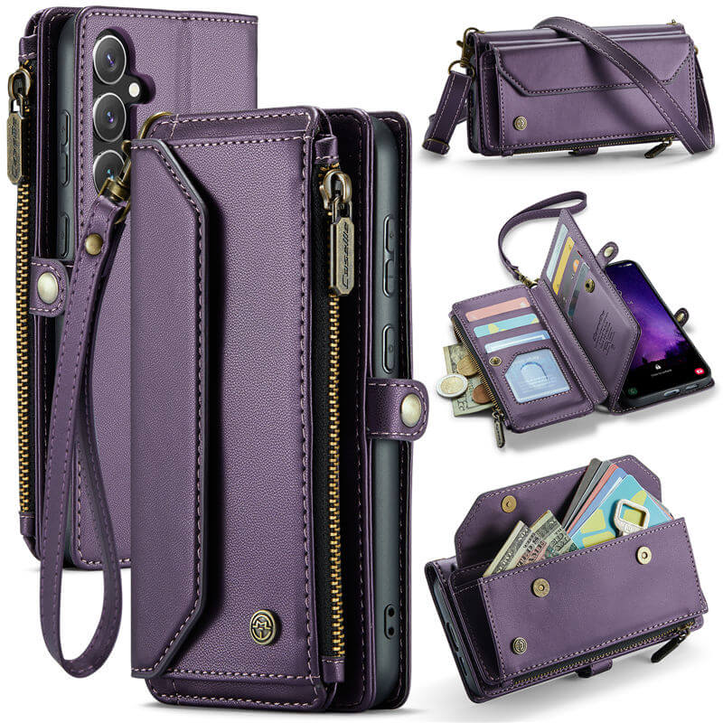 CaseMe Samsung Galaxy S24 FE RFID Wallet Crossbody Case with Wireless Charging Purple