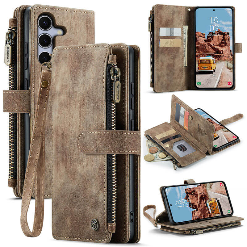 CaseMe Samsung Galaxy S25 Wallet Kickstand Case with Wrist Strap Coffee