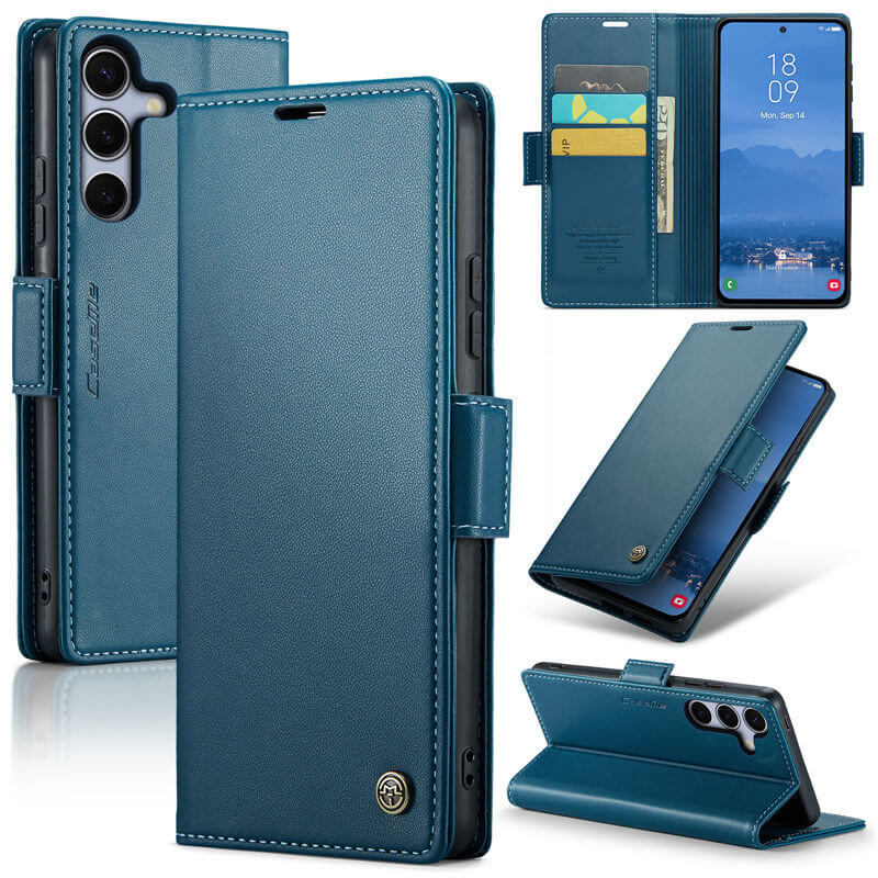 CaseMe Samsung Galaxy S25 Wallet RFID Blocking Magnetic Buckle Case Blue