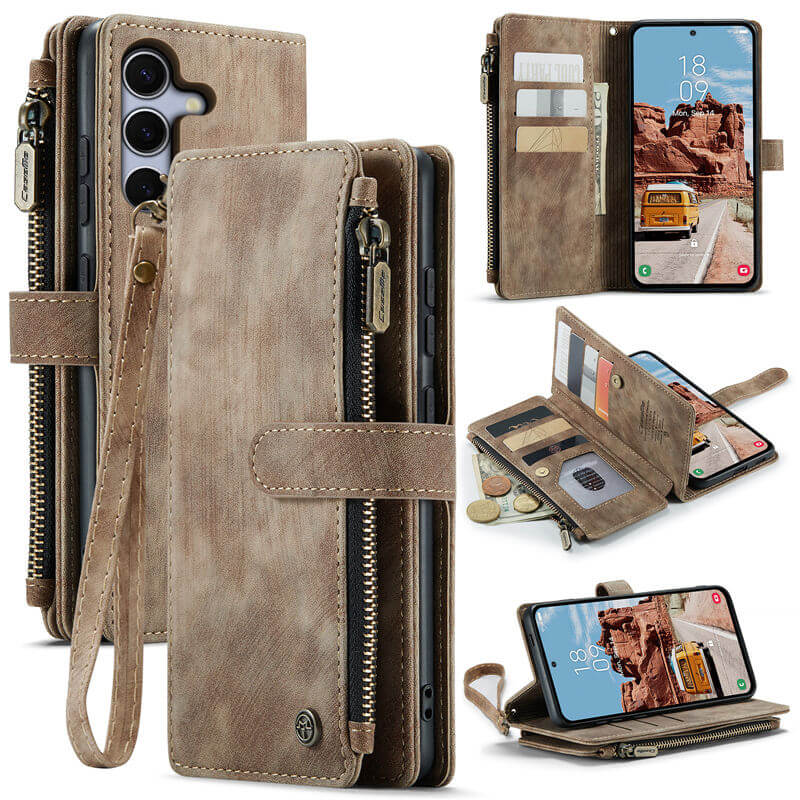 CaseMe Samsung Galaxy S25 Plus Wallet Kickstand Case with Wrist Strap Coffee