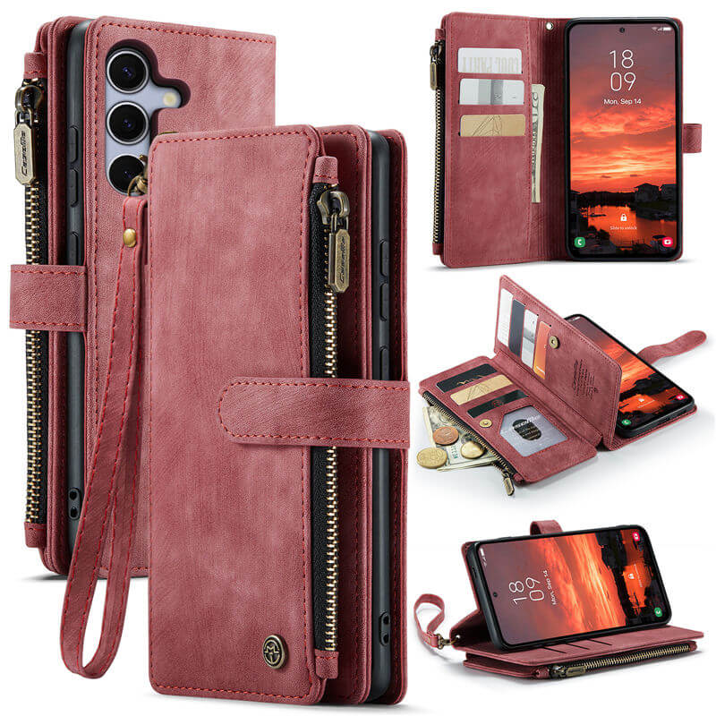 CaseMe Samsung Galaxy S25 Plus Wallet Kickstand Case with Wrist Strap Red