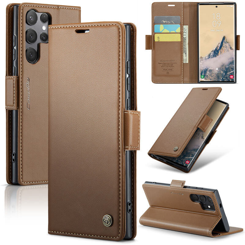 CaseMe Samsung Galaxy S25 Ultra Wallet RFID Blocking Magnetic Buckle Case Brown