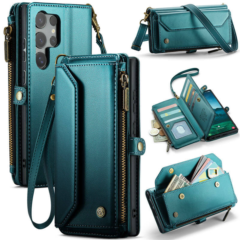 CaseMe Samsung Galaxy S25 Ultra Wallet RFID Blocking Crossbody Case Support Wireless Charging Green