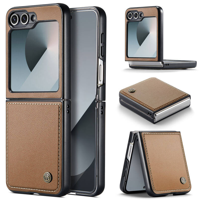 CaseMe Samsung Galaxy Z Flip6 Litchi Skin PU Leather Case Brown