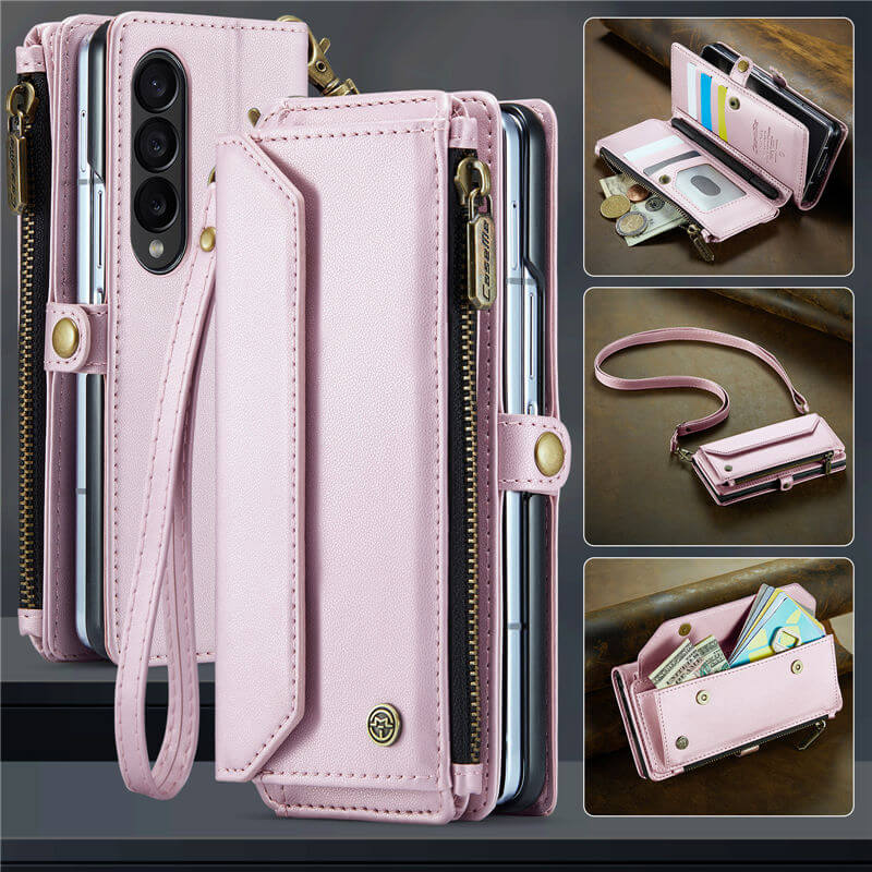 CaseMe Samsung Galaxy Z Fold3 Wallet RFID Blocking Crossbody Case Support Wireless Charging Pink