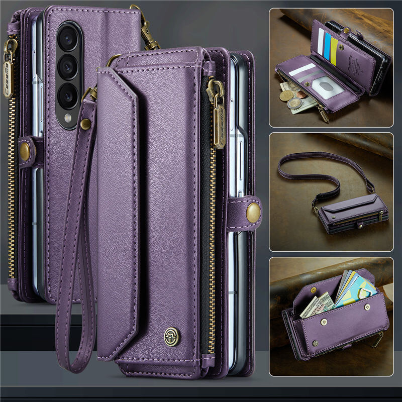 CaseMe Samsung Galaxy Z Fold3 Wallet RFID Blocking Crossbody Case Support Wireless Charging Purple