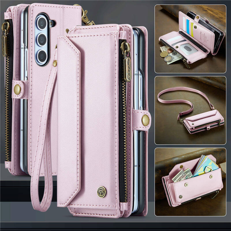 CaseMe Samsung Galaxy Z Fold5 Wallet RFID Blocking Crossbody Case Support Wireless Charging Pink