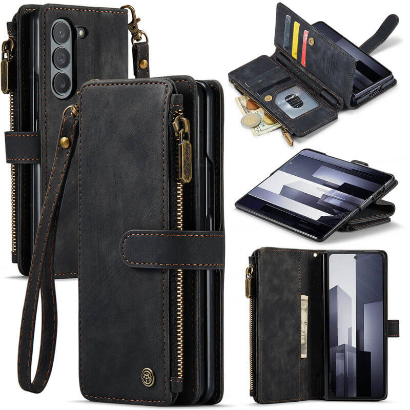 CaseMe Samsung Galaxy Z Fold6 Zipper Wallet Case with Wrist Strap Black