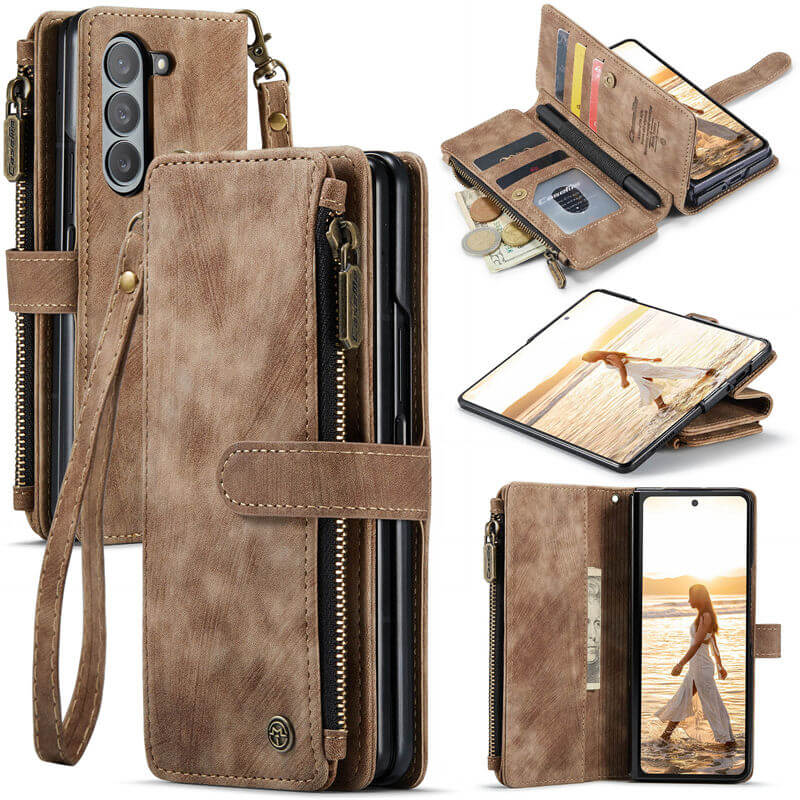 CaseMe Samsung Galaxy Z Fold6 Zipper Wallet Case with Wrist Strap Coffee