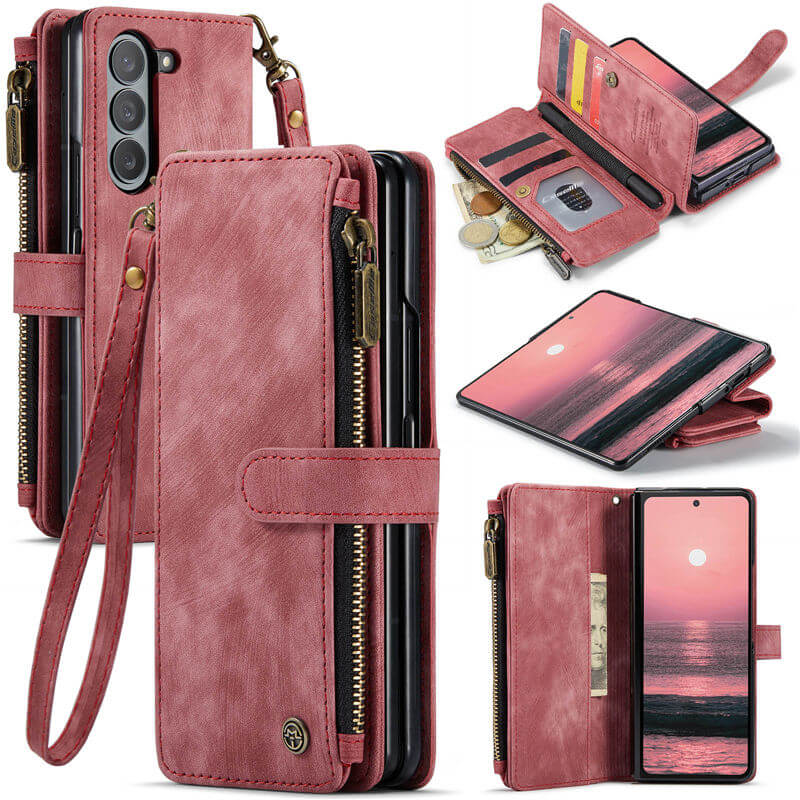 CaseMe Samsung Galaxy Z Fold6 Zipper Wallet Case with Wrist Strap Red