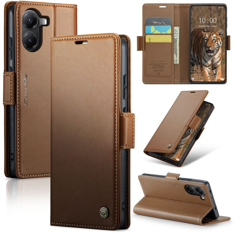 CaseMe Xiaomi Poco X7 Pro Wallet RFID Blocking Kickstand Magnetic Buckle Case Brown