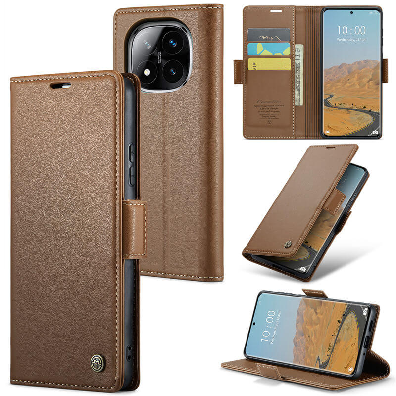 CaseMe Xiaomi Redmi Note 14 Pro 4G Wallet RFID Blocking Kickstand Magnetic Buckle Case Brown