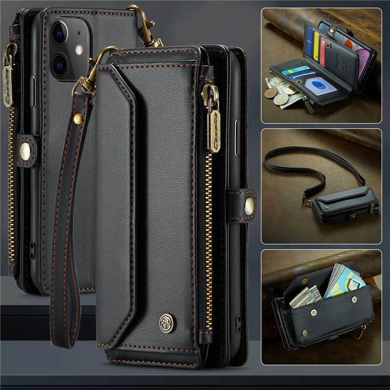 CaseMe iPhone 11 Wallet RFID Blocking Crossbody Case Support Wireless Charging Black