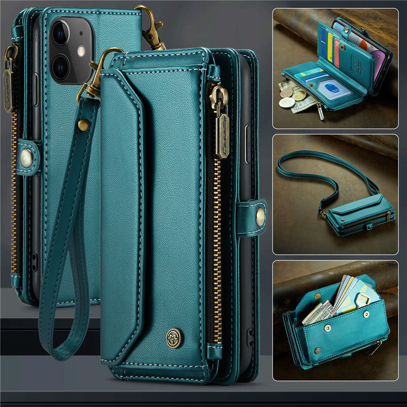 CaseMe iPhone 11 Wallet RFID Blocking Crossbody Case Support Wireless Charging Green