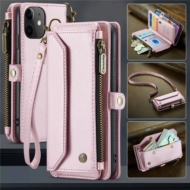 CaseMe iPhone 11 Wallet RFID Blocking Crossbody Case Support Wireless Charging Pink