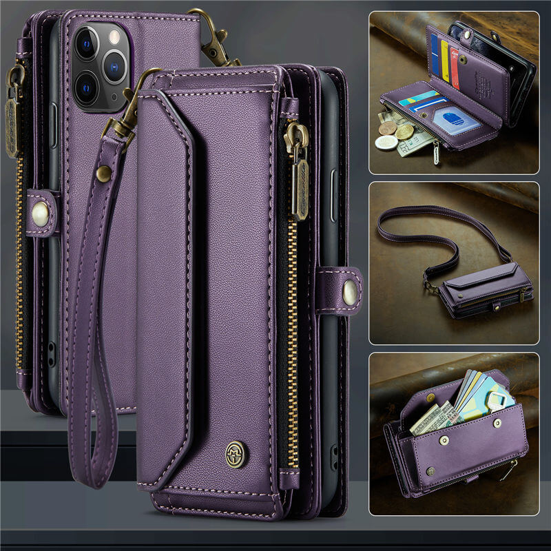 CaseMe iPhone 11 Pro Wallet RFID Blocking Crossbody Case Support Wireless Charging Purple