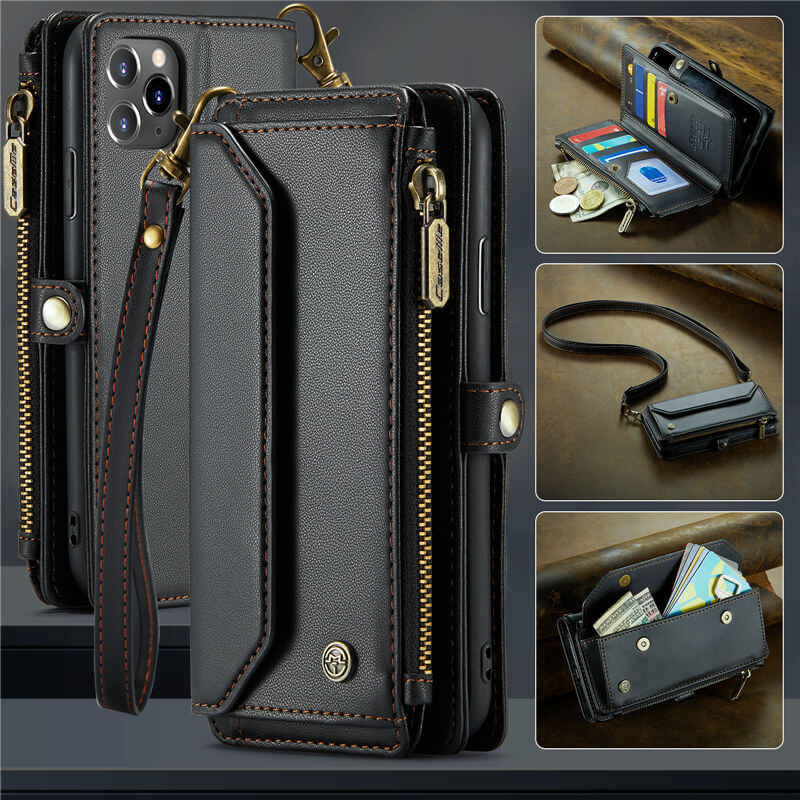 CaseMe iPhone 11 Pro Max Wallet RFID Blocking Crossbody Case Support Wireless Charging Black