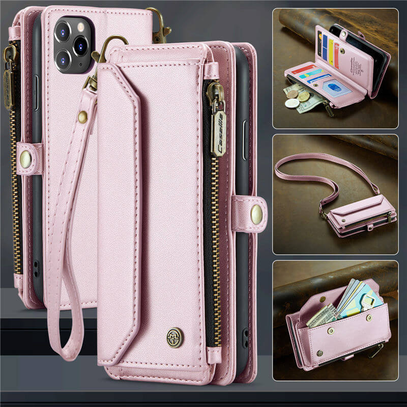 CaseMe iPhone 11 Pro Max Wallet RFID Blocking Crossbody Case Support Wireless Charging Pink