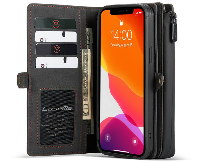 CaseMe iPhone 12 Vintage Multi-Functional Zipper Wallet Magnetic Detachable 2 in 1 Folio Case