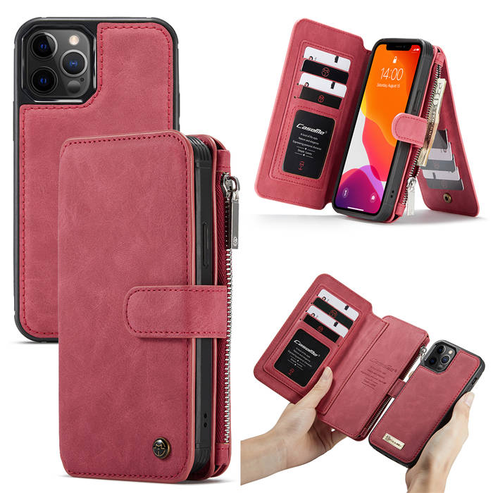 CaseMe iPhone 12 Pro Zipper Wallet Detachable 2 in 1 Case Red