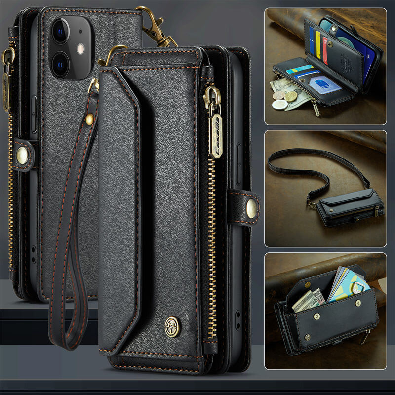 CaseMe iPhone 12 Mini Wallet RFID Blocking Crossbody Case Support Wireless Charging Black