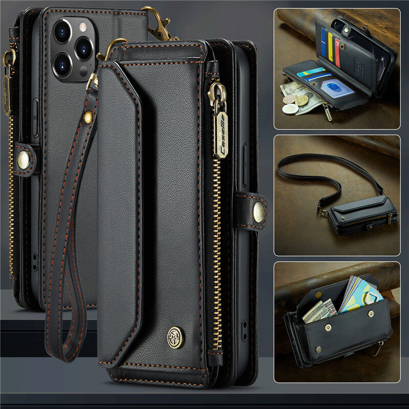 CaseMe iPhone 12/12 Pro Wallet RFID Blocking Crossbody Case Support Wireless Charging Black