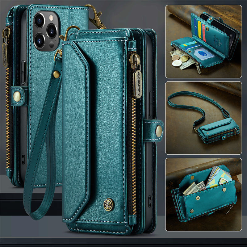 CaseMe iPhone 12/12 Pro Wallet RFID Blocking Crossbody Case Support Wireless Charging Green