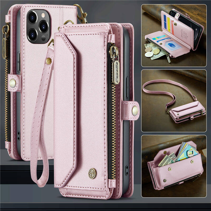 CaseMe iPhone 12/12 Pro Wallet RFID Blocking Crossbody Case Support Wireless Charging Pink