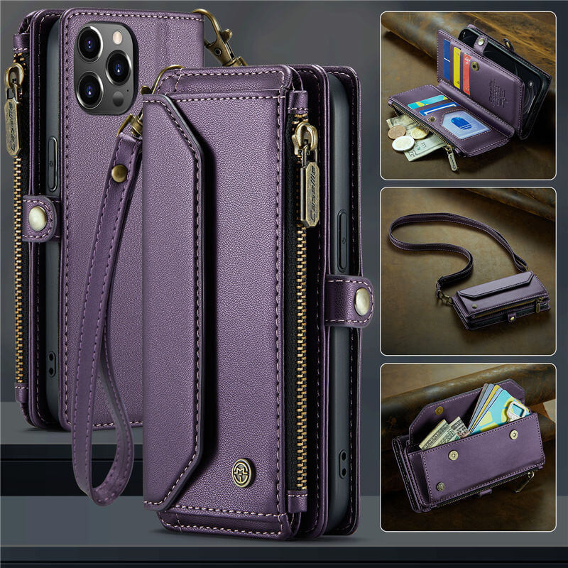 CaseMe iPhone 12/12 Pro Wallet RFID Blocking Crossbody Case Support Wireless Charging Purple