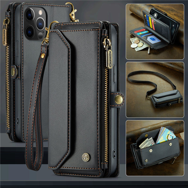 CaseMe iPhone 12 Pro Max Wallet RFID Blocking Crossbody Case Support Wireless Charging Black