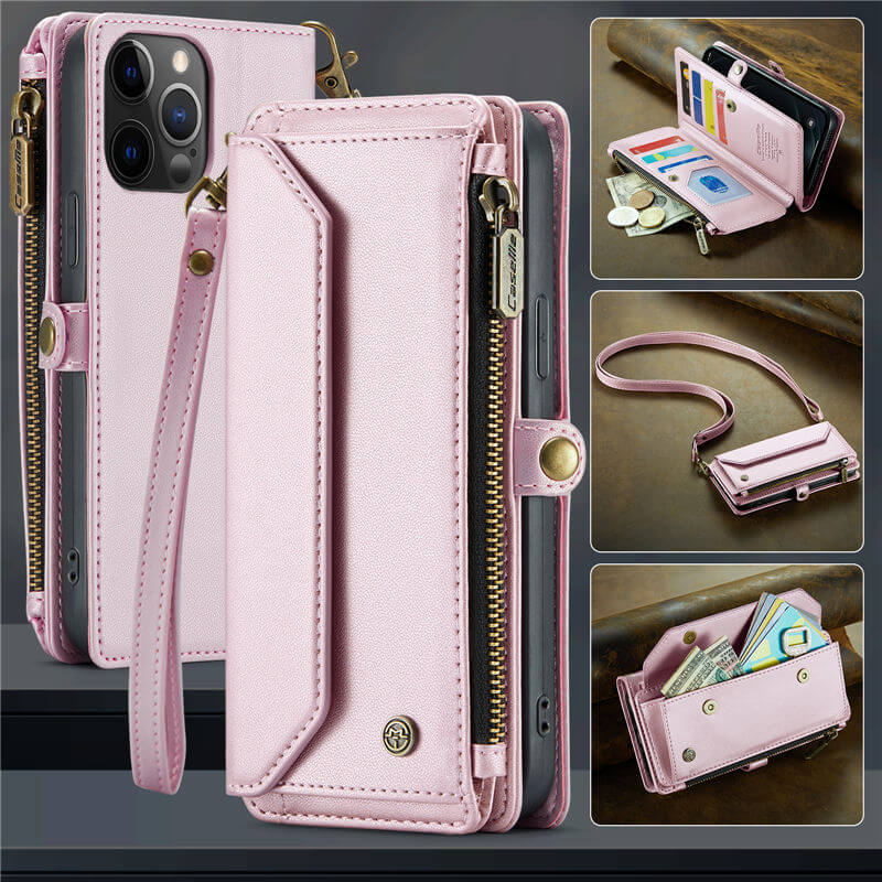 CaseMe iPhone 12 Pro Max Wallet RFID Blocking Crossbody Case Support Wireless Charging Pink