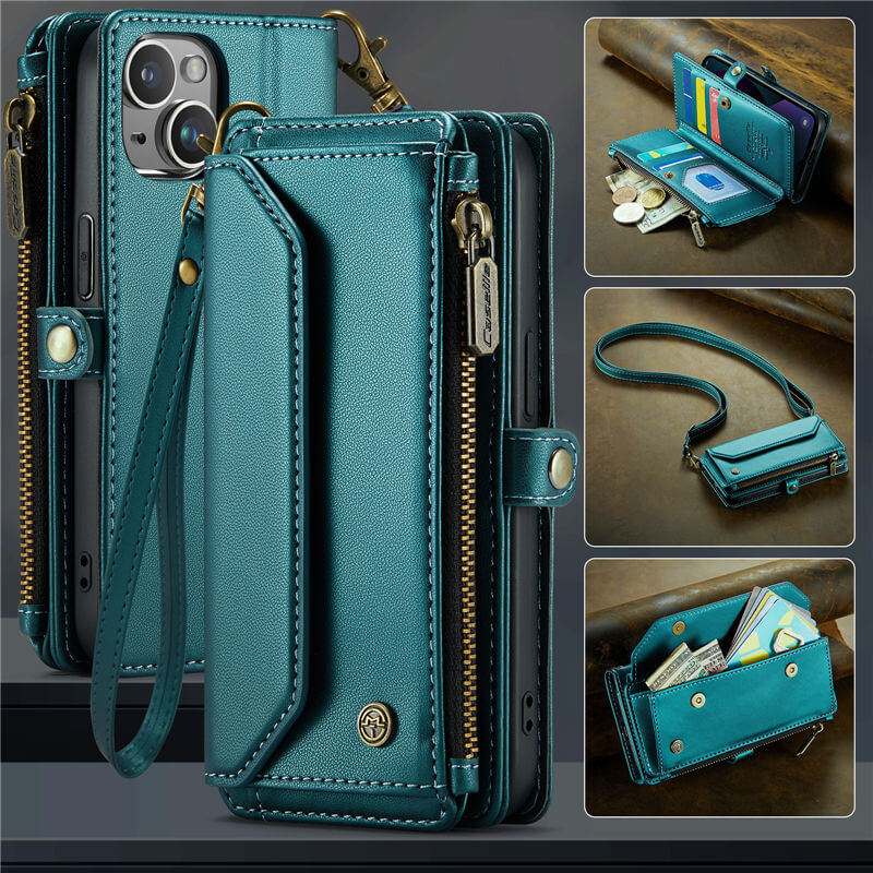 CaseMe iPhone 13 Wallet RFID Blocking Crossbody Case Support Wireless Charging Green