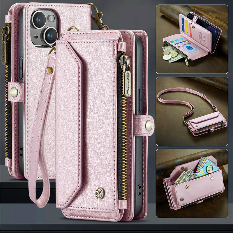 CaseMe iPhone 13 Wallet RFID Blocking Crossbody Case Support Wireless Charging Pink