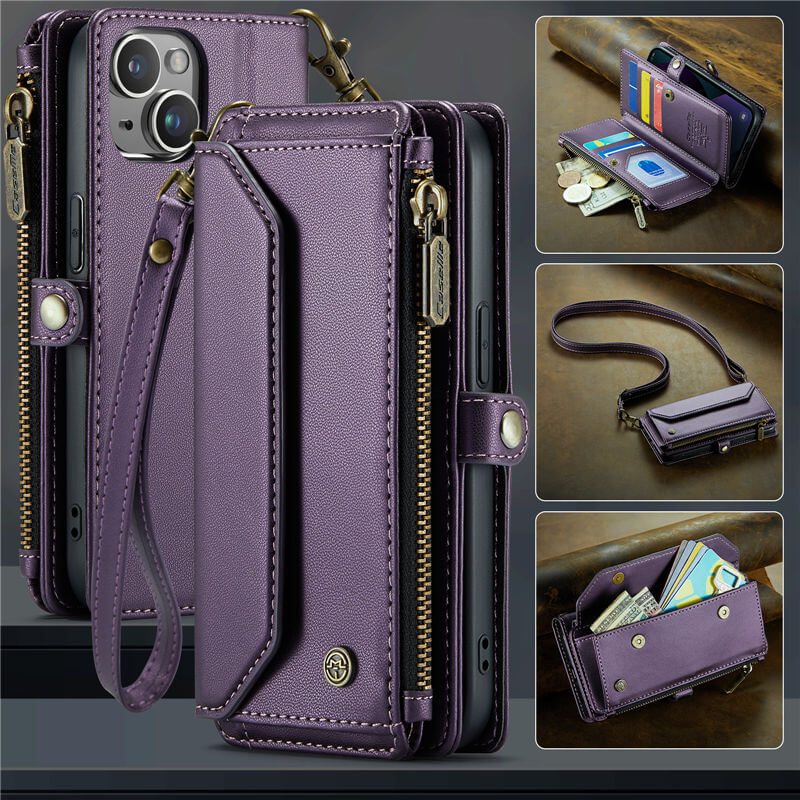 CaseMe iPhone 13 Wallet RFID Blocking Crossbody Case Support Wireless Charging Purple