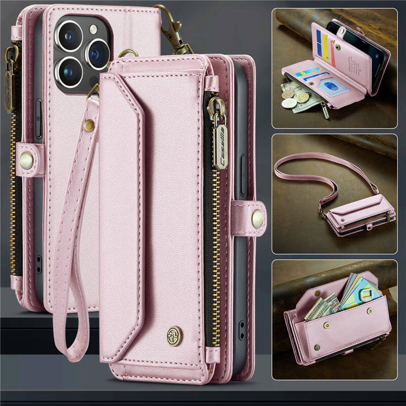 CaseMe iPhone 13 Pro Wallet RFID Blocking Crossbody Case Support Wireless Charging Pink