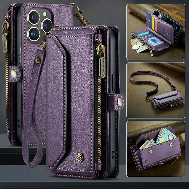 CaseMe iPhone 13 Pro Wallet RFID Blocking Crossbody Case Support Wireless Charging Purple