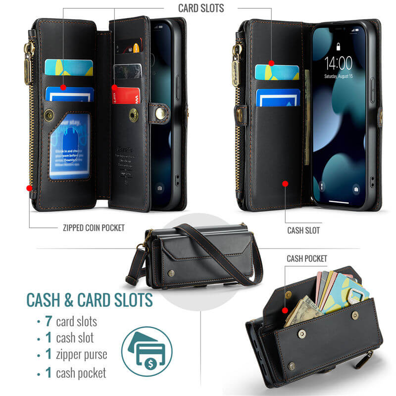 CaseMe iPhone 13 Pro Wallet RFID Blocking Crossbody Phone Case