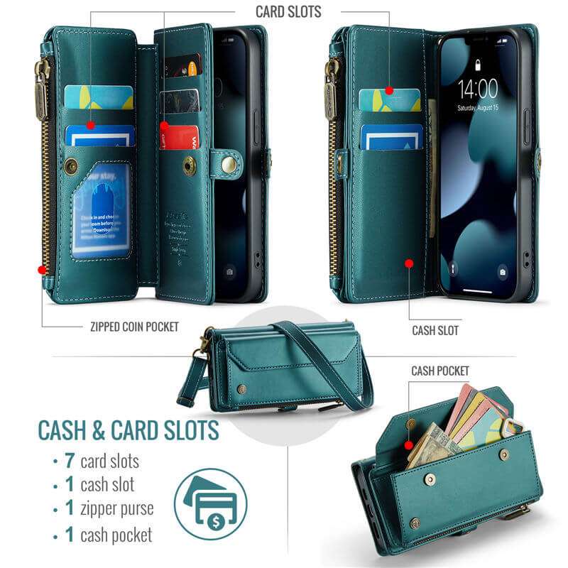 CaseMe iPhone 13 Pro Wallet RFID Blocking Crossbody Phone Case