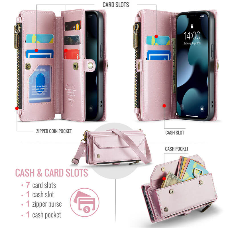 CaseMe iPhone 13 Pro Wallet RFID Blocking Crossbody Phone Case