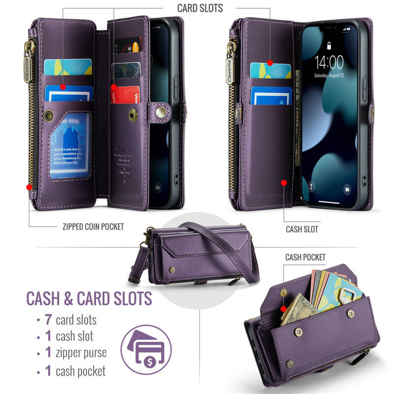 CaseMe iPhone 13 Pro Wallet RFID Blocking Crossbody Phone Case