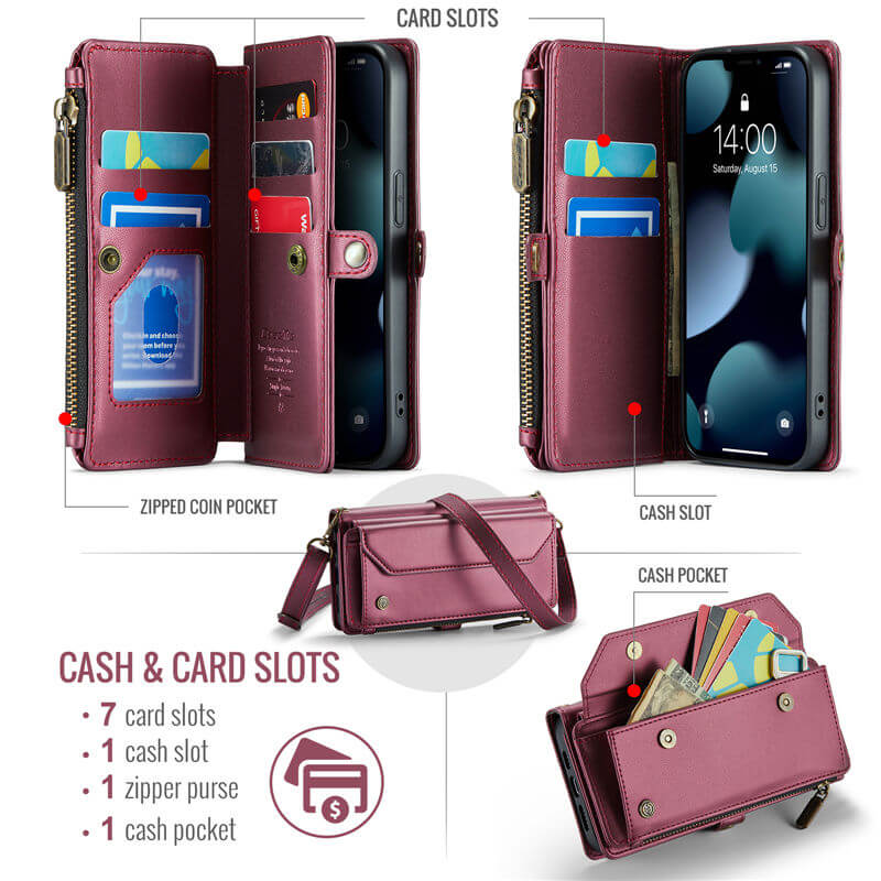 CaseMe iPhone 13 Pro Wallet RFID Blocking Crossbody Phone Case