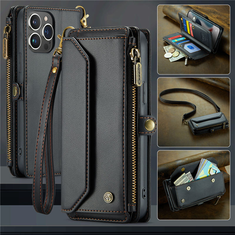 CaseMe iPhone 13 Pro Max Wallet RFID Blocking Crossbody Case Support Wireless Charging Black