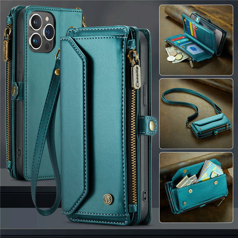 CaseMe iPhone 13 Pro Max Wallet RFID Blocking Crossbody Case Support Wireless Charging Green